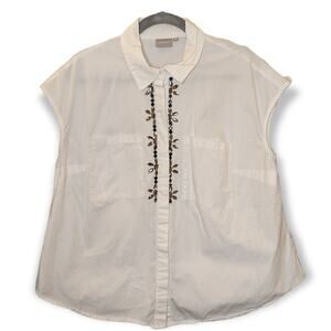 eShakti White Collared Sleeveless Button Down Embellished Blouse Top XL
